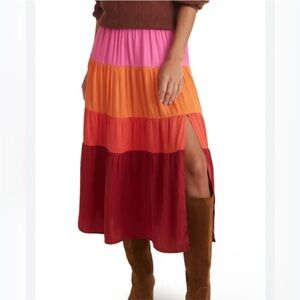 MARINE LAYER Colorblock Tiered Midi Slit Skirt In Fuschia Orange Red Pink Small